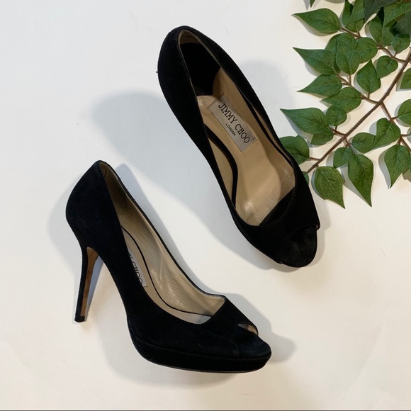 Jimmy Choo Black Suede Peep Toe Pumps 6 - Picture 1 of 8